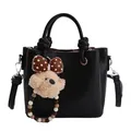 Black litchi-textured bucket tote bag with a cute plush teddy bear charm pendant - With Pendant / Black