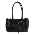 Minimalist black tote bag with wrinkled leather texture and silver buckle detail - 27*7*19cm / Without Pendant / Black