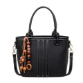 Chic black bucket bag with white contrast stitching and vintage beaded charm - Black With Pendant