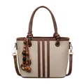 Minimalist beige canvas bucket bag with brown leather trim and stylish bead tassel charm - Cream White with Pendant
