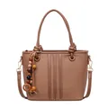 Retro brown bucket bag with lychee texture and decorative wooden bead charm accessory - Brown with Pendant