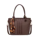 Dark brown textured leather bucket bag with white stitching and wood bead charm - Coffee With Charms