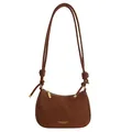 Brown leather crescent baguette bag with golden hardware and decorative strap knots - No Pendant / Brown