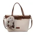 Sac seau rétro beige et marron avec un joli pendentif lapin en peluche et bandoulière - Avec Pendentif / Blanc Cassé
