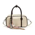 Sac baguette minimaliste en cuir blanc crème avec poignée marron et breloque chien - Avec Pendentif / Blanc et Café