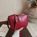 Deep red saddle shoulder bag in vintage oil wax leather with silver square metal buckle - 22*7*15 / Red