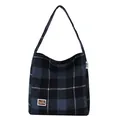Sac fourre-tout en flanelle à carreaux bleu et noir avec écusson ours et longues anses - Carreaux Bleu Noir (Noir)
