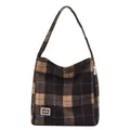 Grand sac cabas vintage à carreaux avec écusson d'ours pour tenue décontractée d'hiver - Carreaux Marron (Café)