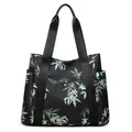 Black tote bag with green bamboo print featuring metal buckle pocket and shoulder straps - Black