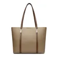 Bolso tote grande de cuero caqui para mujer con correas marrón oscuro y detalles dorados - Caqui