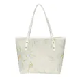 Minimalist white tote bag with elegant blue bamboo and bird patterns for women - White