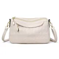 Elegante beige gesteppte Leder-Schultertasche für Damen mit goldener Doppel-Reißverschluss - Gebrochenes Weiß