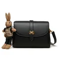 Chic black matte leather crossbody bag with golden chain lock and cute rabbit charm - Black With Pendant