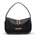 Sac baguette chic en cuir grainé noir avec anses marron et un design minimaliste - Noir