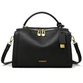 Klassische schwarze Boston-Handtasche aus Leder mit Litschi-Muster und Goldzipper - Schwarz