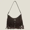 Retro donkerbruine suède crossbodytas met lange franjes en zilveren vintage gesp - Bruin