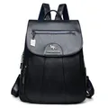 Fashionable black faux leather women's backpack with large capacity and front zip pocket - Blue