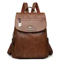 Deep brown faux leather backpack with kangaroo logo and vintage texture for women - Brown
