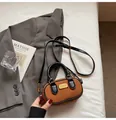 Brown suede mini oval baguette bag with black leather straps and gold metal plate - 16*5*10 / Brown