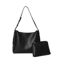 Minimalist black leather tote bag set with matching small zipper pouch and adjustable strap - Shoulder Bag Set / Black