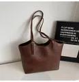 Retro dark brown oversized tote bag in oily PU leather with thin straps and gold buckles - No Pendant / Brown