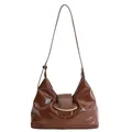 Retro brown oiled leather hobo baguette bag with gold metal trim and shoulder strap - 28*11*14 / Brown