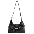 Sac hobo minimaliste noir brillant avec boucle dorée courbée et fine bandoulière - 28*11*14 / Noir