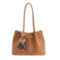 Retro brown large capacity tote bag with leopard bow charm and matte leather texture - Brown with Pendant