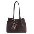 Retro dark brown matte leather tote bag with stylish heart-shaped leopard print pendant - Coffee With Pendant