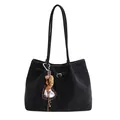 Large black tote bag in matte finish with buckle strap and decorative heart charm - Black With Pendant