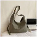 Minimalist grey-green hobo tote bag in soft leather with adjustable wide shoulder strap - Without Pendant / 35x10x37cm / Green