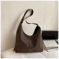 Dark brown matte leather hobo bag with gold hardware and wide shoulder strap - Without Pendant / 35x10x37cm / Dark Coffee