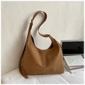 Minimalist brown matte leather tote bag with wide shoulder strap and metal detail - Without Pendant / 35x10x37cm / Brown