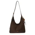 Donkerbruine matte leren hobo tas met houten kralen en kwastjes als decoratie - Enkele Tas / Bruin