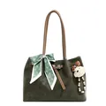 Dark green faux leather tote bag with brown handles, floral scarf and cute bear charm - With Pendant / Green