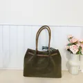Retro deep olive green tote bag with brown leather handles and decorative silk scarf - Basic Style / Green