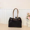 Black suede tote bag with brown leather handles and a geometric pattern silk scarf - Basic Style / Black