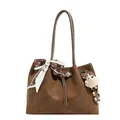 Brown faux leather tote bag with printed silk scarf and plush bear charm accessory - With Pendant / Brown