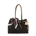 Coffee brown leather tote bag with floral silk scarf and plush bear charm - With Pendant / Brown