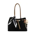 Black matte tote bag with brown leather handles, decorative scarf and plush bear charm - With Pendant / Black