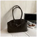 Retro dark brown faux leather tote bag with metallic buckle detail and slim shoulder straps - No Pendant / Coffee