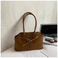 Brown faux leather tote bag with decorative buckle strap and long shoulder handles - No Pendant / Brown