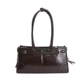 Vintage tote bag in chocolate brown shiny leather with stylish gold buckle hardware - Large / Brown