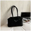 Retro black matte suede tote bag with stylish silver metal buckles and long shoulder straps - No Pendant / Black