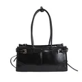 Glossy black minimalist tote bag with golden buckle accents and long shoulder straps - Large / Black