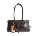 Borsa tote marrone scuro in ecopelle lucida con ciondolo a cuore leopardato e fibbie argento - Grande / Caffè Con Pendente