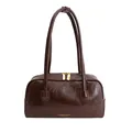Retro dark brown leather underarm bag with glossy texture and gold dual zippers - Brown