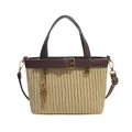 Bolso tipo cubo plisado beige minimalista con asas de cuero marrón y dije de llave - Caqui Claro