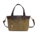 Olive green velvet bucket bag with brown leather handles and vintage key charm - Dark Khaki