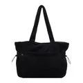 Bolso tote de pana negra con cordones laterales y bolsillo frontal para mujer - Negro